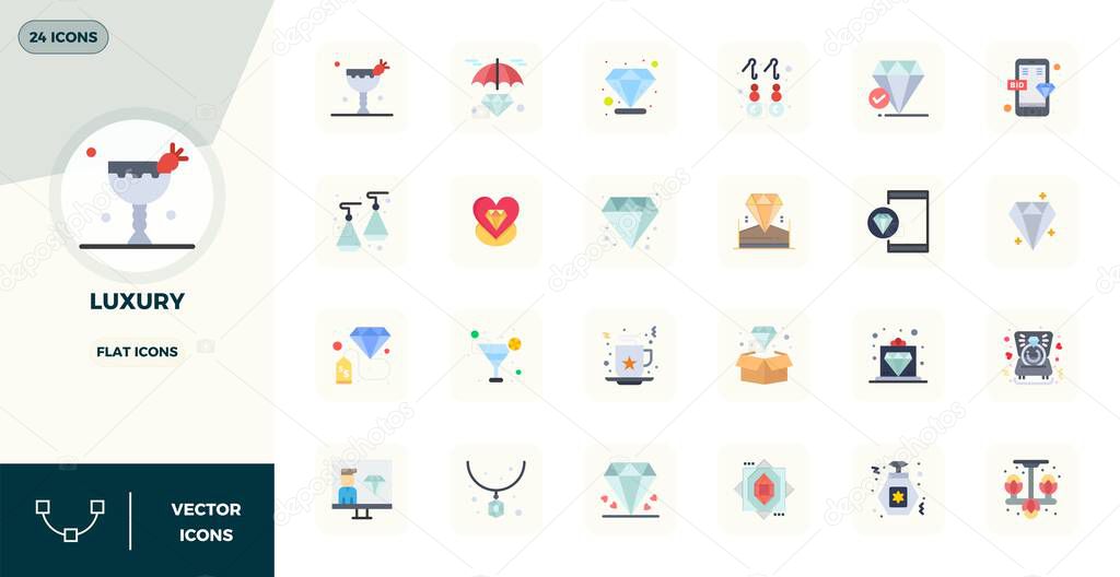 Handcrafted collection featuring 24 Flat vector icons for Luxury, optimized in 128x128 PIXEL perfect resolution for premium digital experiences.