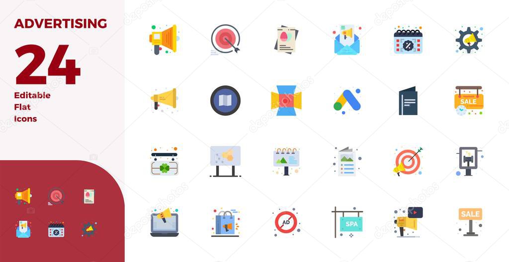 Streamlined set of 24 vector icons for Advertising in Flat aesthetic, featuring 128x128 PIXEL perfect resolution for seamless user experiences.