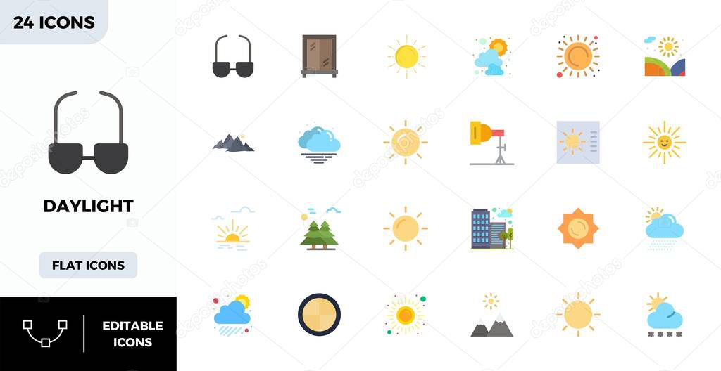 Complete package of 24 vector icons themed around Daylight, showcasing Flat Color design in 128x128 PIXEL perfect quality for modern interfaces.