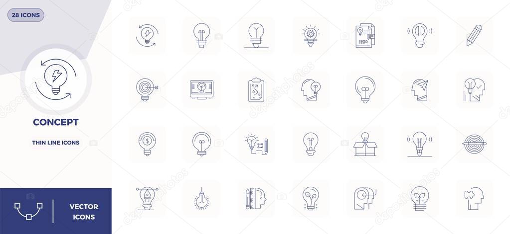 Ultimate collection of 28 vector icons representing Concept in Thin Line aesthetic, optimized with 128x128 PIXEL perfect resolution for maximum impact.