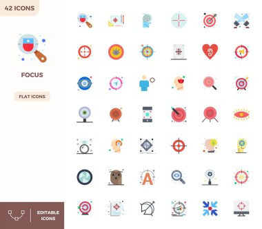 PIXEL mükemmel 128x128 çözünürlük profesyonel ve yaratıcı projeler için uygun, Odak noktası için tasarlanmış 42 ölçeklenebilir Düz Renk vektör simgesi indir.