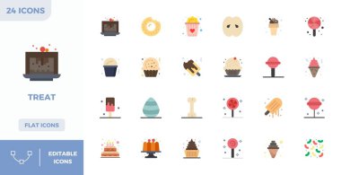 24 PIXEL mükemmel vektör simgesi ayırt edici paketi Treat 'ten esinlenilmiş, Düz Renk biçiminde 128x128 unutulmaz marka deneyimleri için hazırlanmış.