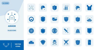 Zırh etrafındaki 24 vektör simgesinden oluşan kapsamlı araç gereç kiti, 128x128 PIXEL ile doldurulmuş çok yönlü tasarım uygulamaları için mükemmel hassasiyet.