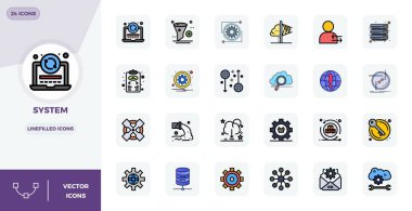 128x128 PIXEL olağanüstü görsel kalite için mükemmel çözünürlüğe sahip, Çizgi Doldurulmuş Tasarım Sistemi 'ni temsil eden 24 vektör simgesi ustalıkla oluşturuldu.