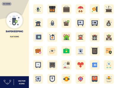 Güvenli, sergilenen Düz tasarım temalı 36 vektör simgesinden oluşan geleceğe hazır paket 128x128 PIXEL yenilikçi kullanıcı arayüzleri için mükemmel berraklık.