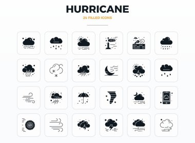 Kasırga etrafındaki 24 vektör simgesinden oluşan tam paket, SolidFill tasarımı 128x128 PIXEL modern arayüzler için mükemmel kalitede sergileniyor.