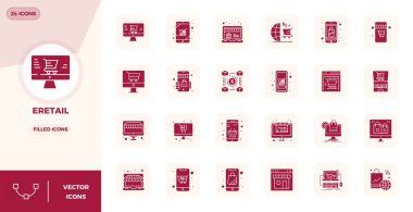 ERetail etrafında 24 vektör simgesinden oluşan tam paket, modern arayüzler için mükemmel kalitede 128x128 PIXEL ile doldurulmuş Glyph gösterimi.