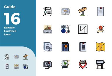 Modern uygulama geliştirme için 128x128 PIXEL kusursuz çözünürlüğe sahip, Renkli Satır Estetik Rehberini temsil eden 16 vektör simgesinin çağdaş koleksiyonu.