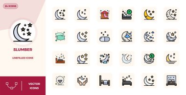 Slumber etrafında tasarlanmış, 128x128 PIXEL modern tasarım için kusursuz hassasiyet içeren, Lineal Doldurulmuş Düzlükte tasarlanmış 24 vektör simgesi..