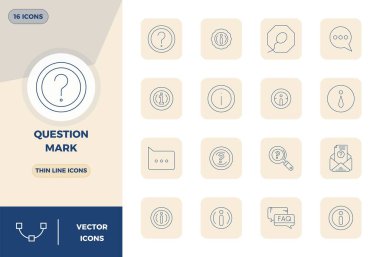 Slim Line estetiği ile Soru İşaretini temsil eden 16 vektör simgesinin nihai koleksiyonu, 128x128 PIXEL ile optimize edilmiş azami etki için mükemmel çözünürlük.