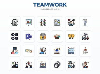 128x128 PIXEL mükemmel tasarımları modern UI / UX projeleri için ideal olan, Takım çalışması teması için hazırlanmış 24 Satır Doldurma vektör simgesi seti keşfedin.
