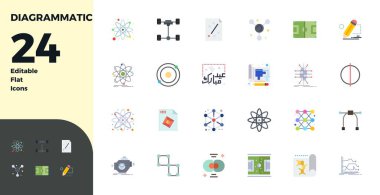 Bu Diyagramsal vektör simgesi paketi 128x128 PIXEL mükemmel formatta 24 düz dizaynı içerir, dijital arayüzleri geliştirmek için mükemmeldir.