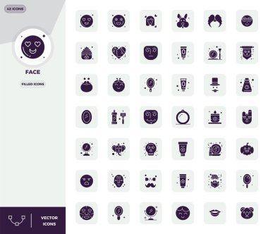 Modern uygulama geliştirme için 128x128 PIXEL mükemmel çözünürlüğe sahip, Dolu estetik ile Face 'i temsil eden 42 vektör simgesinin çağdaş koleksiyonu.