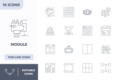 Modül için 16 Minimal Line vektör simgesi içeren rafine paket, 128x128 PIXEL mükemmel kalite zarif ve işlevsel tasarım çözümleri ile optimize.
