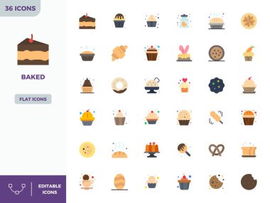 Fırın etrafında 36 vektör simgesinden oluşan yenilikçi paket, modern dijital çözümler için 128x128 PIXEL mükemmel biçiminde Düz Renk tasarımı sergiliyor..