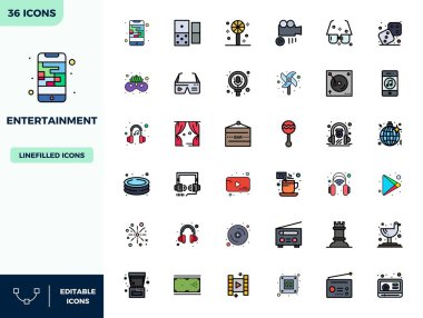 Bu Entertainment vektör simgesi paketi, 128x128 PIXEL mükemmel biçiminde 36 Düz Lineal Renk tasarımını içerir, dijital arayüzleri geliştirmek için mükemmeldir.
