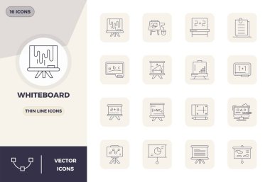 Whiteboard için 16 İnce Çizgi vektör simgesinden oluşan istisnai koleksiyon, 128x128 PIXEL mükemmel çözünürlük ve benzersiz görsel mükemmellik için.