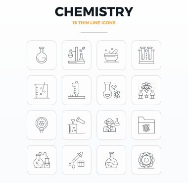 Bu Kimya vektör simgesi paketi, 128x128 PIXEL mükemmel formatta 16 ince tasarımı içerir, dijital arayüzleri geliştirmek için mükemmeldir.