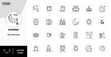 24 Kalın Hat PIXEL mükemmel vektör simgesi seti Akşam çevresinde, uygulamalar ve web sitelerinde kusursuz entegrasyon için 128x128 çözünürlükte hazırlanmıştır.