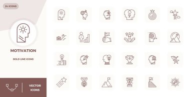 Motivasyon etrafında tasarlanmış 24 vektör simgesi, 128x128 PIXEL modern tasarım ihtiyaçları için mükemmel hassasiyetle Bold Line 'da üretilmiştir..