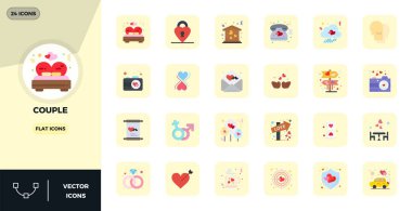 Çift için mükemmel dengelenmiş 24 Düz PIXEL mükemmel vektör simgesi, dijital tasarım projelerinde uyumlu entegrasyon için 128x128 boyutlarında.