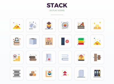 Stack etrafında 24 vektör simgesinden oluşan tam paket, modern arayüzler için mükemmel kalite 128x128 PIXEL içerisinde minimal düz tasarım sergileniyor.