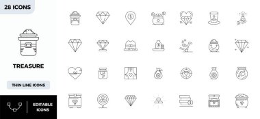 Treasure için 28 Minimal Line vektör simgesi özenle düzenlenmiştir, tutarlı marka temsili ve kullanıcı deneyimi için 128x128 PIXEL mükemmel çözünürlüğe sahiptir.