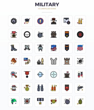 Uzmanca tasarlanmış 42 LineFill PIXEL askeri için mükemmel vektör simgeleri, 128x128 çözünürlükte kusursuz bütünleşme ve performans için tasarlandı.