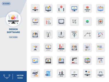 Tasarım Yazılımı için 36 yassı vektör simgesinin istisnai bir koleksiyonu, 128x128 PIXEL mükemmel çözünürlük ve benzersiz görsel mükemmellik için.