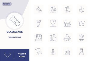 Glassware 'i temsil eden 16 adet ince çizgi vektör ikonunun profesyonel koleksiyonu, 128x128 PIXEL mükemmel bir hassasiyetle tasarlandı..