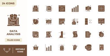 Modern uygulama geliştirme için 128x128 PIXEL mükemmel çözünürlüğe sahip, Doldurulmuş estetik Veri Analizini temsil eden 24 vektör simgesinin çağdaş koleksiyonu.