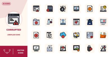 Bu koleksiyon, 128x128 biçiminde dijital tasarım için optimize edilmiş, bozulmuş temaya uyarlanmış 24 Satır Dolu PIXEL mükemmel vektör simgesi içerir..