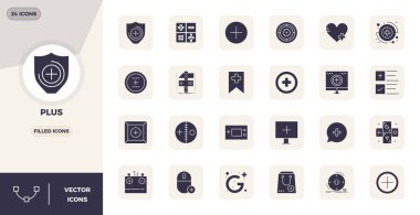 Artı, modern arayüzler için mükemmel kalitede 128x128 PIXEL içerisinde doldurulmuş tasarımı gösteren 24 vektör simgesinden oluşan tam paket.