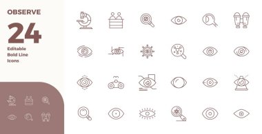 Modern UI / UX projeleri için ideal 128x128 PIXEL tasarımı içeren, Gözlem teması için hazırlanmış 24 Kalın Çizgi vektör simgesinden oluşan bir set keşfedin.