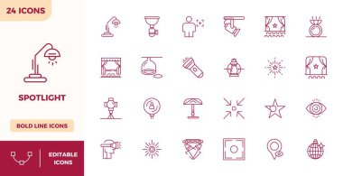 Bu koleksiyon, dijital tasarım için 128x128 biçiminde optimize edilmiş Spotlight temasına uygun 24 Heavy Line PIXEL mükemmel vektör simgesi içerir..