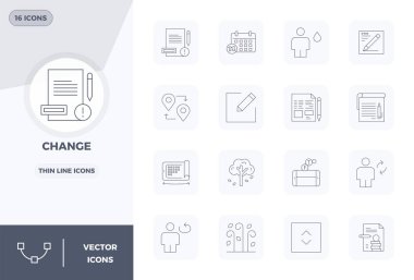 Değişim teması için tasarlanmış 16 adet İnce Çizgi vektör simgesi keşfedin, 128x128 PIXEL mükemmel tasarımlar modern UI / UX projeleri için idealdir.