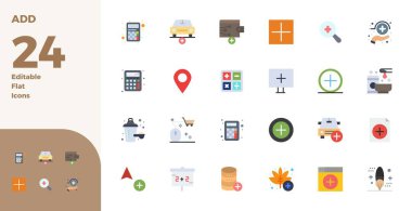 Ekle için hassas tasarlanmış 24 Düz vektör simgesi, 128x128 PIXEL olağanüstü açıklık ve ölçeklenebilirlik için mükemmel çözünürlükte dizayn edildi.