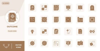 Outcome 'ı temsil eden 24 doldurulmuş vektör simgesinden oluşan temiz bir koleksiyon, 128x128 PIXEL modern gösterge panelleri ve arayüzler için mükemmel format.