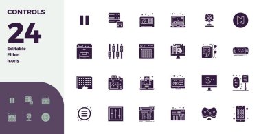 Kontroller için 24 Glyph dolu vektör simgesinden oluşan el yapımı koleksiyon, 128x128 PIXEL mükemmel çözünürlükte optimum dijital deneyimler için.