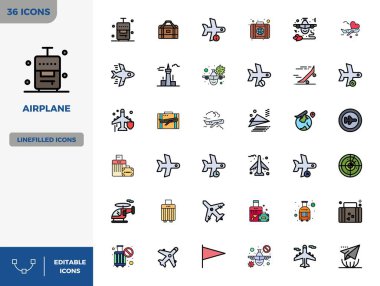 Uçak için 36 Düz Çizgisel Renk vektör simgesinden oluşan kaliteli koleksiyon, 128x128 PIXEL mükemmel çözünürlükte tasarlanmıştır..