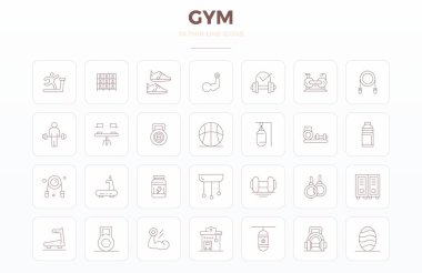 Spor salonu için 28 ince PIXEL ana hatlı mükemmel vektör simgeleri, 128x128 çözünürlükte oluşturulmuş çarpıcı görsel tutarlılık platformları arasında.