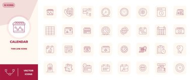 Takvim etrafında temalı 32 vektör simgesinden oluşan geleceğe hazır paket, 128x128 PIXEL yenilikçi kullanıcı arayüzleri için mükemmel berraklık içeren ince çizgi tasarımı sergiliyor.