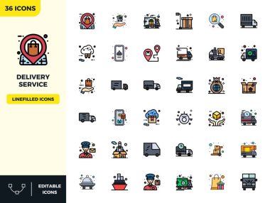 Düz Çizgili 36 PIXEL mükemmel simgesine sahip vektör paketi. Teslimat Servisinden esinlenilmiş, ölçeklenebilir ve yaratıcı tasarım çalışmaları için ideal 128x128 çözünürlükte sunulmuştur..