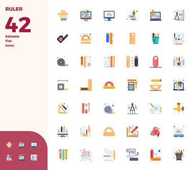 Sanatsal olarak tasarlanmış 42 yassı PIXEL mükemmel vektör simgesi, Cetvel için, tutarlı görsel mükemmellik için 128x128 biçiminde teslim.