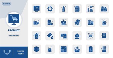 Eşsiz görsel mükemmellik ve kullanılabilirlik için 128x128 PIXEL mükemmel çözünürlükte sunulan, 24 Ürün için doldurulmuş vektör simgelerinin istisnai bir koleksiyonu.
