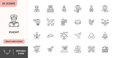 Bu koleksiyon, dijital tasarım için 128x128 biçiminde optimize edilmiş, Uçuş temasına uygun 24 Heavy Line PIXEL mükemmel vektör simgesi içerir..