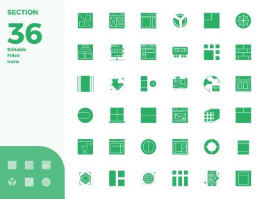 Bölüm için 36 Glyph doldurulmuş vektör simgesi içeren el yapımı koleksiyon, 128x128 PIXEL mükemmel çözünürlük prim dijital deneyimler için.