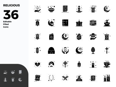 Modern dijital çözümler için 128 PIXEL mükemmel biçiminde tasarlanmış, Dini, sergilenen Glyph etrafında temalı 36 vektör simgesinden oluşan yenilikçi paket.