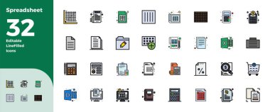 Bu Hesap Tablosu vektör simgesi paketi, 128x128 PIXEL mükemmel formatta 32 Satır Doldurulmuş tasarımı içerir, dijital arayüzleri geliştirmek için mükemmeldir.