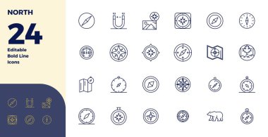 Bold Line 'da profesyonel olarak tasarlanmış 24 vektör simgesi, Kuzey' in özünü yakalıyor, 128x128 PIXEL UI tasarımı için mükemmel hassasiyetle.